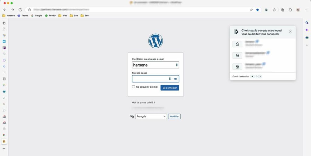 Page de connexion au back-office de WordPress avec Dashlane